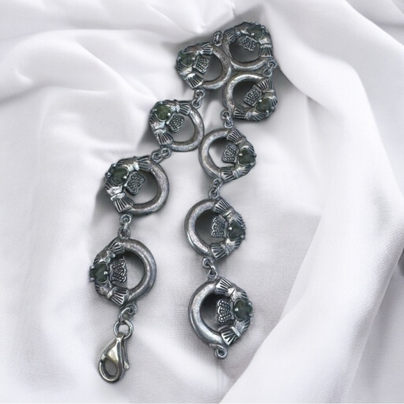 Connemara Marble Stone Set Solid Sterling Silver Claddagh Bracelet - Picture 2 of 6